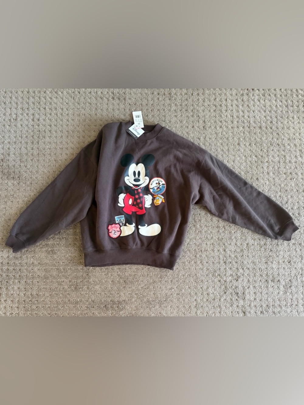 Disney Brown Mickey Mouse Graphic Sweatshirt with Red Accents